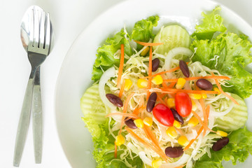 green salad plate fresh vegetable border on white background