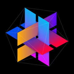 Abstract Interlocking Colorful Rectangles with Hexagonal Lines. Three Dimensional Symbol Design Isolated on Black Background. EPS10 Vector.