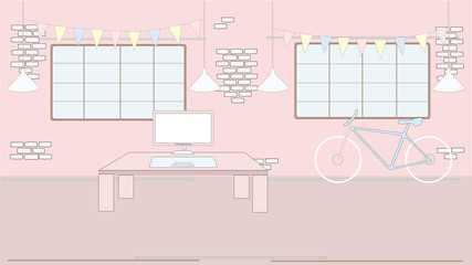 Pink style loft creative interior. Atelier, home, office, work space with table, computer, crossed windows, bike.  Design creative background, Sketch style, pastel colors.