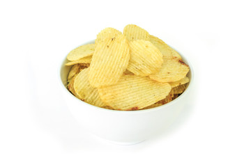 crispy potato chips junk food unhealthy food on bowl white background