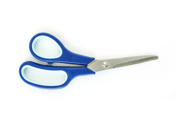 blue scissors cutting on white background