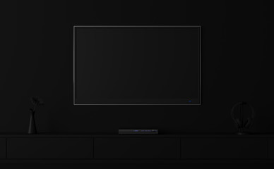 Minimal style image empty tv screen 3d render.There are a mysterious dark room, Decorate with black tv with clipping at the screen.