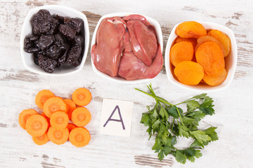 Nutritious products containing vitamin A, concept of healthy nutrition as source minerals