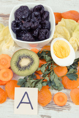 Nutritious ingredients and eating containing vitamin A, healthy nutrition as source minerals