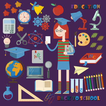 flat illustration_1_of subjects and girls on school subject, education, back to school, Association for schools, background isolated