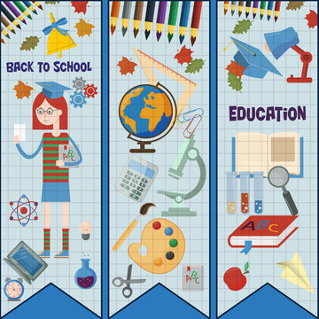 flat illustration_3_of subjects and girls on school subject, education, back to school, Association for schools, background isolated