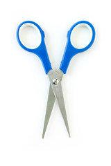 blue scissors cutting on white background