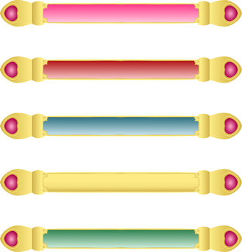 Five abstract blue red pink green  colour banners with Golden metallic border and matching colour gemstone crystal  hearts