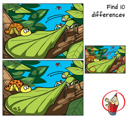 Tropical insects in the jungle. Caterpillar and mantis. Find 10 differences. Educational game for children. Cartoon vector illustration