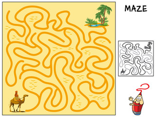 Help the caravan of camels to go through the desert to the oasis. Educational maze game for children. Cartoon vector illustration