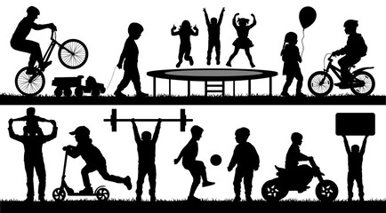 Childhood, kids, different events. Children playing outdoor, silhouette vector set