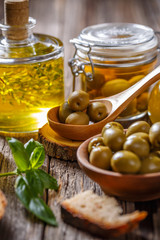 Green olives and olive oil