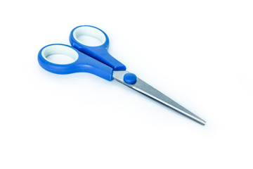 blue scissors cutting on white background