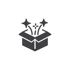 Magic box vector icon. filled flat sign for mobile concept and web design. Open gift box and magic stars simple solid icon. Symbol, logo illustration. Pixel perfect vector graphics