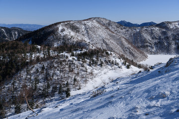 Naklejka premium 日光白根山から見た氷結した五色沼と五色山
