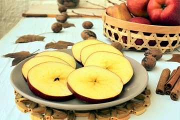 Apple  slices with honey, fruit dessert, autumn still life.