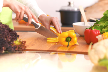 Close Up of human hands cooking vegetable salad in kitchen on the glass table with reflection. Healthy meal, and vegetarian food concept