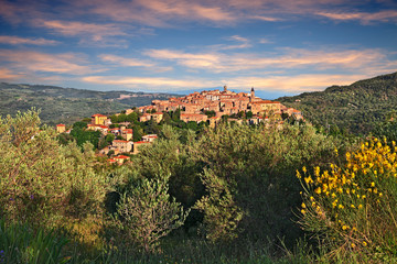 Seggiano, Grosseto, Tuscany, Italy: landscape of the countryside with the ancient hill town - obrazy, fototapety, plakaty