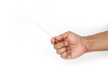 hand holding cotton bud, swab clean healthcare on white background