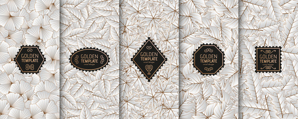 Set of golden luxury templates. Gold autumn leaves background. Vector illustration.