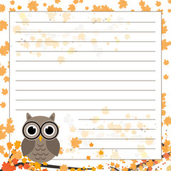 Page for notebook, diary or planners. Page with falling leaves and cute owl on the branch.