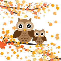 Owls sitting on a branch with leaves.Autumn vector illustration. Falling orange leaves. Cute owl character.