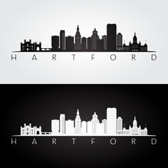 Naklejka premium Hartford, USA skyline and landmarks silhouette, black and white design, vector illustration.