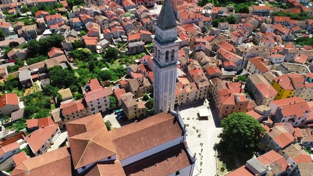 Idyllic town of Vodnjan and highest church tower aerial view, Istria region of Croatia