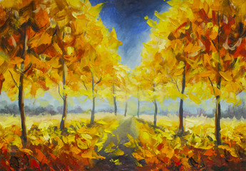 Gold orange Herbst Park Wald Bäume fallen Blatt Laub Landschaft Natur Ölgemälde Impressionismus Illustration auf Leinwand © weris7554