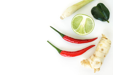 ingredients tom yom goong, lemongrass, galangal, kaffir lime leaves, lime, chili, thai food herbs nature background