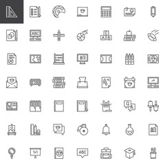 Naklejka na ściany i meble Back to school outline icons set. linear style symbols collection, line signs pack. vector graphics. Set includes icons as Ruler, Testing, Art, Chalkboard, Calculator, Computer, Pencil, Exam Abacus