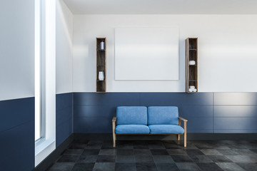 Fototapeta na wymiar White and blue spa interior, sofa, banner