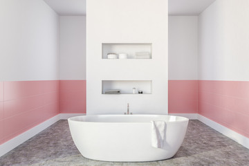 Fototapeta na wymiar White and pink bathroom, bathtub
