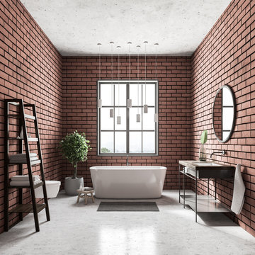 Brick bathroom interior, shelves