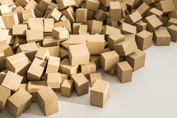 Pile of closed cardboard boxes on floor, top view