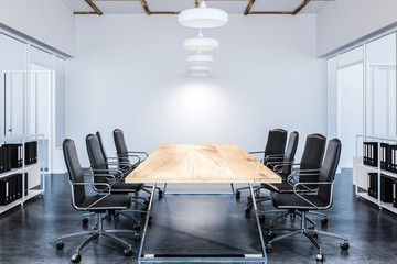 Fototapeta na wymiar Panoramic meeting room, wooden table, front view