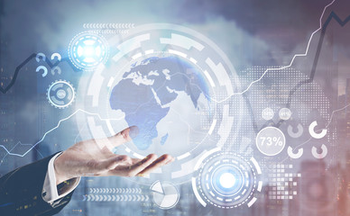 Man interacting with HUD, planet