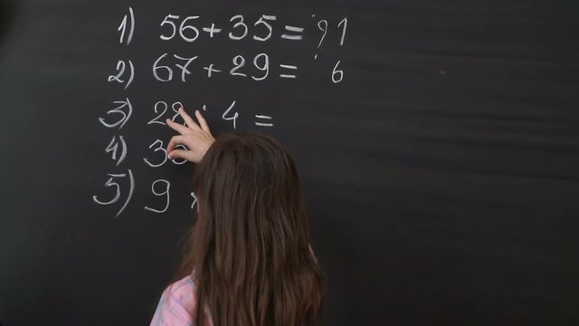 Young Student Writing Complex Mathematical Formula Equation on the Blackboard.
