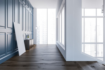 Vertical poster mock up, empty blue room side view