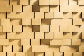 Wall of closed cardboard boxes stacked mock up