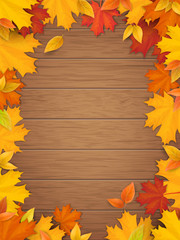 Autumn leaves on wooden background. Frame from fallen maple leaf. Template for a seasonal sale, invitation or advertisement card with empty space for text.
