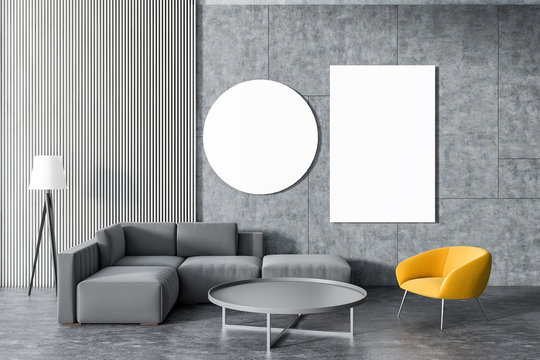 Gray sofa, yellow armchair living room, gallery
