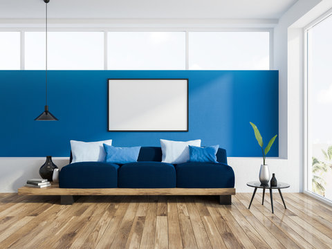 Blue sofa navy cushions blue living room, poster