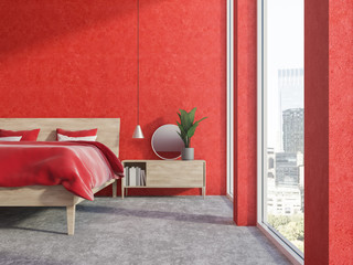 Luxury red panoramic bedroom interior, mirror