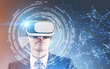 Man in VR glasses, HUD and polygons