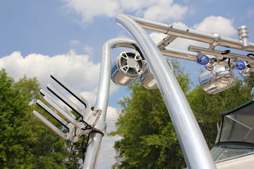 Close up tower, Targa top, a pole for towing water-skiing on a motor boat with speakers and a mount...