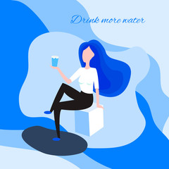 A girl drinks water through a straw. Rest at the resort. Beautiful dynamic girl with water. Young woman drinking water. The girl is drinking water.Flat design. Vector illustration.
