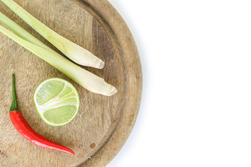 ingredients tom yom goong, lemongrass, galangal, kaffir lime leaves, lime, chili, thai food herbs nature background