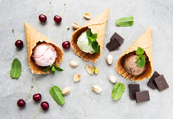 set of ice cream scoops of different colors and flavours