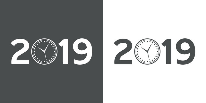 Icono plano 2019 con reloj en gris y blanco